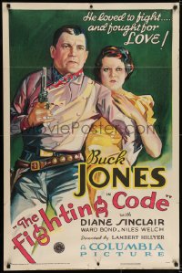 7b305 FIGHTING CODE 1sh 1933 art of Buck Jones shielding girl, he loved to fight & fought for love!