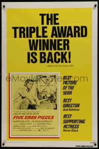 7b312 FIVE EASY PIECES 1sh R1973 great close up of Jack Nicholson, directed by Bob Rafelson!