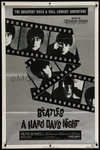 7b373 HARD DAY'S NIGHT 1sh R1982 great image of The Beatles on film strip, rock & roll classic!
