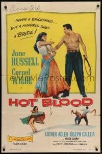 7b395 HOT BLOOD 1sh 1956 barechested Cornel Wilde grabbing sexy Jane Russell, Nicholas Ray