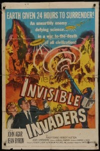 7b428 INVISIBLE INVADERS 1sh 1959 cool artwork of alien who gives Earth 24 hours to surrender!
