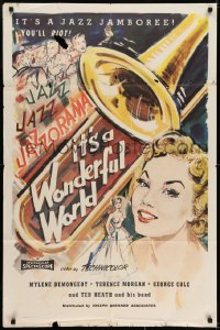 7b433 IT'S A WONDERFUL WORLD 1sh 1959 really cool art of Demongeot & jazz trombone by Yukovich!