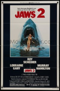7b442 JAWS 2 1sh 1978 great classic art of giant shark attacking girl on water skis by Lou Feck!