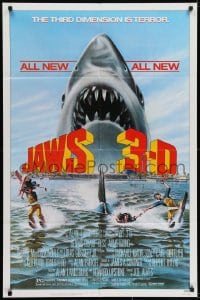 7b443 JAWS 3-D 1sh 1983 great Gary Meyer shark artwork, the third dimension is terror!