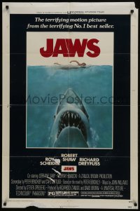 7b441 JAWS 1sh 1975 art of Steven Spielberg's classic man-eating shark attacking swimmer!