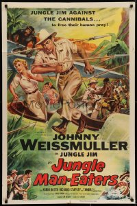 7b452 JUNGLE MAN-EATERS 1sh 1954 Cravath art of Johnny Weissmuller as Jungle Jim vs cannibals!