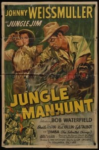 7b453 JUNGLE MANHUNT 1sh 1951 Weissmuller as Jungle Jim, Ryan, Tamba, Glenn Cravath art!