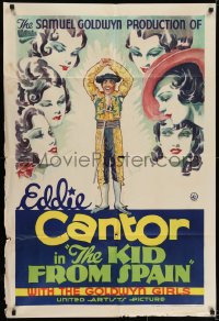 7b460 KID FROM SPAIN 1sh 1932 stone litho art of matador Eddie Cantor & sexy Goldwyn Girls, rare!