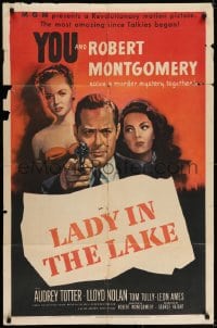 7b473 LADY IN THE LAKE 1sh 1947 art of Robert Montgomery pointing gun + Audrey Totter!
