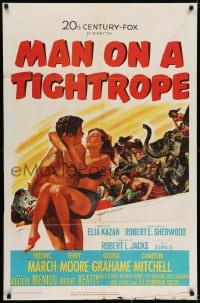 7b533 MAN ON A TIGHTROPE 1sh 1953 directed by Elia Kazan, circus performer Terry Moore!