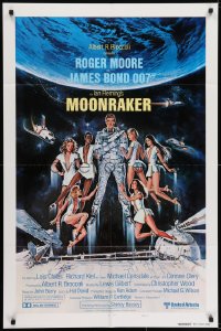 7b569 MOONRAKER style B int'l teaser 1sh 1979 Goozee art of Moore as James Bond & sexy girls!