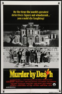 7b578 MURDER BY DEATH 1sh 1976 great Charles Addams art of cast by dead body, yellow title design!
