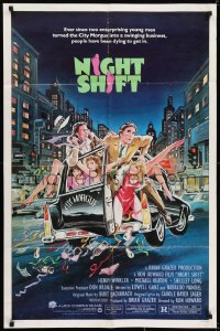 7b610 NIGHT SHIFT 1sh 1982 Michael Keaton, Henry Winkler, sexy girls in hearse art by Mike Hobson!