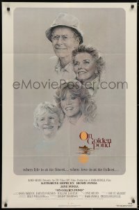 7b631 ON GOLDEN POND 1sh 1981 art of Hepburn, Henry Fonda, and Jane Fonda by C.D. de Mar