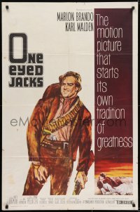 7b638 ONE EYED JACKS 1sh 1961 art of star & director Marlon Brando with gun & bandolier!