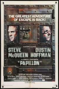 7b655 PAPILLON 1sh R1977 great art of prisoners Steve McQueen & Dustin Hoffman by Richard Amsel