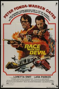 7b693 RACE WITH THE DEVIL style A 1sh 1975 Peter Fonda & Warren Oates are burning bridges & rubber!