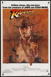 7b697 RAIDERS OF THE LOST ARK 1sh 1981 Richard Amsel art of Harrison Ford, Steven Spielberg!