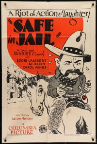 7b729 SAFE IN JAIL 1sh 1933 wacky western cowboy comedy art of Lambert riding horse backward!