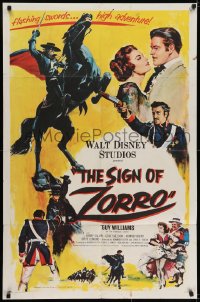 7b748 SIGN OF ZORRO 1sh 1960 Walt Disney, cool art of masked hero Guy Williams on horseback!