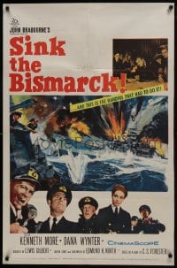 7b752 SINK THE BISMARCK 1sh 1960 Kenneth More, great WWII clash of battleships art!