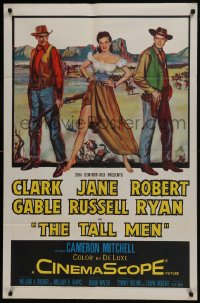 7b833 TALL MEN 1sh 1955 art of Clark Gable, sexy Jane Russell showing leg, Robert Ryan!