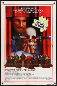 7b852 THEATRE OF BLOOD 1sh 1973 great art of Vincent Price holding bloody skull w/dead audience!