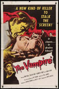 7b913 VAMPIRE 1sh 1957 John Beal, it claws, it drains blood, cool art of monster & victim!