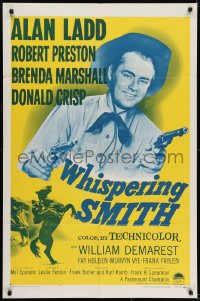 7b944 WHISPERING SMITH 1sh R1956 smiling close-up of cowboy Alan Ladd with two six-shooters!