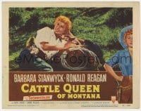 7c380 CATTLE QUEEN OF MONTANA LC #7 1954 c/u of cowgirl Barbara Stanwyck laying on her saddle!