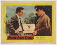 7c480 ENEMY FROM SPACE LC #2 1957 c/u of Brian Donlevy by danger sign, Quatermass II, Val Guest!