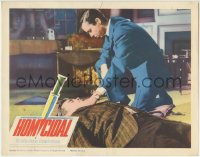 7c571 HOMICIDAL LC 1961 close up of man kneeling over dead body, directed by William Castle!