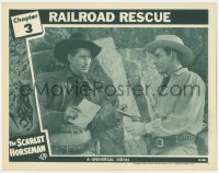 7c862 SCARLET HORSEMAN chapter 3 LC 1946 cowboy holds gun on man with letter, Railroad Rescue!