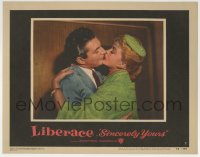 7c878 SINCERELY YOURS LC #7 1955 close up of legendary pianist Liberace kissing Dorothy Malone!