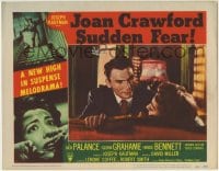 7c906 SUDDEN FEAR LC #4 1952 super close up of Jack Palance on couch with Joan Crawford!