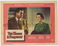 7c937 THIS WOMAN IS DANGEROUS LC #7 1952 c/u of Dennis Morgan staring at worried Joan Crawford!