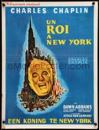 7f203 KING IN NEW YORK Belgian 1957 wonderful art of Charlie Chaplin & NYC skyline!