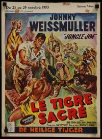 7f230 VOODOO TIGER Belgian 1952 great art of Johnny Weissmuller as Jungle Jim vs lion & tiger!