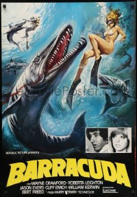 7f751 BARRACUDA Italian 1sh 1978 great artwork of huge killer fish attacking sexy diver in bikini!