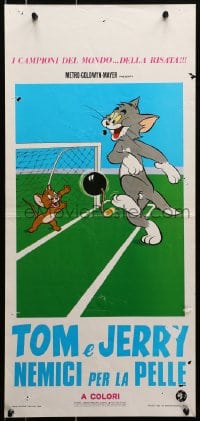 7f929 TOM & JERRY Italian locandina R1974 cartoon art kicking soccer goal with bomb instead of ball!