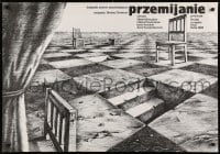 7f661 PRZEMIJANIE Polish 27x39 1983 really cool Janusz Oblucki art of chessboard landscape!