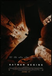 7g529 BATMAN BEGINS advance 1sh 2005 June 17, image of Christian Bale in title role flying w/bats!