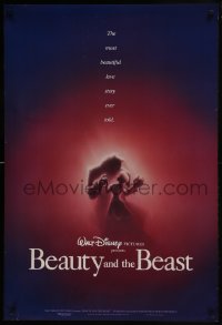 7g549 BEAUTY & THE BEAST DS 1sh 1991 Disney cartoon classic, romantic dancing art by John Alvin!