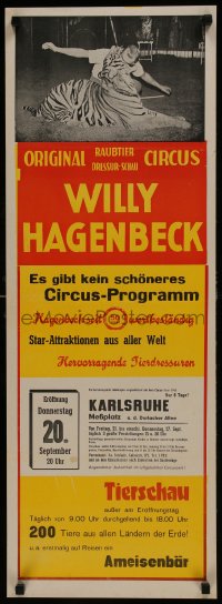7g007 ORIGINAL CIRCUS WILLY HAGENBECK 12x34 German circus poster 1960s face in tiger's mouth!
