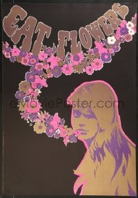 7g254 EAT FLOWERS 20x29 Dutch commercial poster 1960s psychedelic art of pretty woman & flowers!