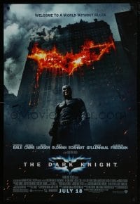 7g604 DARK KNIGHT advance DS 1sh 2008 Christian Bale as Batman in front of burning bat symbol!