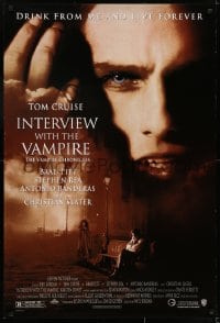 7g706 INTERVIEW WITH THE VAMPIRE 1sh 1994 close up of fanged Tom Cruise, Brad Pitt, Anne Rice!