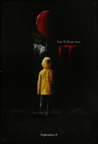 7g709 IT advance DS 1sh 2017 creepy image of Pennywise handing child balloon, you'll float too!