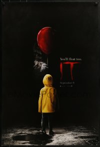 7g710 IT teaser DS 1sh 2017 creepy image of Pennywise handing child balloon, you'll float too!
