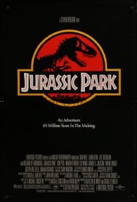 7g718 JURASSIC PARK DS 1sh 1993 Steven Spielberg, classic logo with T-Rex over red background